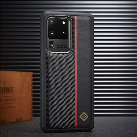 LC.IMEEKE Carbon Fiber Splicing Case for Samsung Galaxy S20 Ultra , PU Leather Coated TPU + EVA Cover