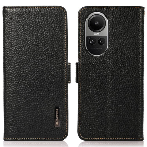 KHAZNEH For Oppo Reno10 Pro 5G (Global) / Reno10 5G (Global) RFID Blocking Genuine Cow Leather Phone Case Stand Wallet Litchi Texture Cover