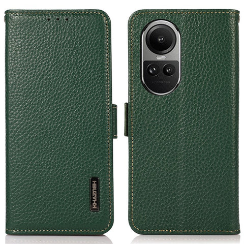 KHAZNEH For Oppo Reno10 Pro 5G (Global) / Reno10 5G (Global) RFID Blocking Genuine Cow Leather Phone Case Stand Wallet Litchi Texture Cover