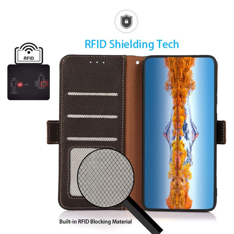 KHAZNEH For Oppo Reno10 Pro 5G (Global) / Reno10 5G (Global) RFID Blocking Genuine Cow Leather Phone Case Stand Wallet Litchi Texture Cover