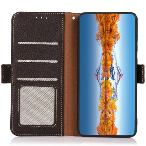 KHAZNEH For Oppo Reno10 Pro 5G (Global) / Reno10 5G (Global) RFID Blocking Genuine Cow Leather Phone Case Stand Wallet Litchi Texture Cover