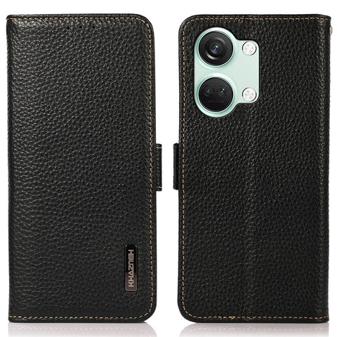 KHAZNEH Genuine Cow Leather Phone Case for OnePlus Nord 3 5G / Ace 2V , RFID Blocking Stand Wallet Litchi Texture Cover