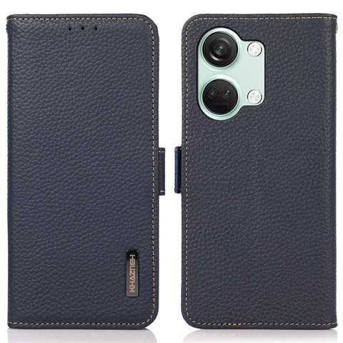KHAZNEH Genuine Cow Leather Phone Case for OnePlus Nord 3 5G / Ace 2V , RFID Blocking Stand Wallet Litchi Texture Cover
