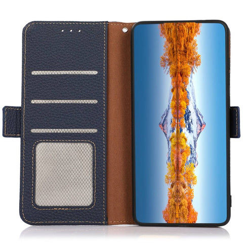 KHAZNEH Genuine Cow Leather Phone Case for OnePlus Nord 3 5G / Ace 2V , RFID Blocking Stand Wallet Litchi Texture Cover