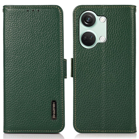 KHAZNEH Genuine Cow Leather Phone Case for OnePlus Nord 3 5G / Ace 2V , RFID Blocking Stand Wallet Litchi Texture Cover