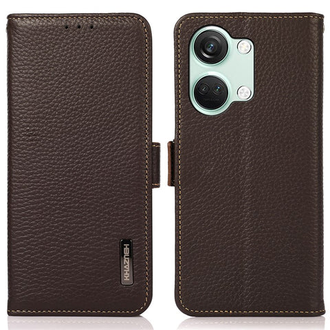 KHAZNEH Genuine Cow Leather Phone Case for OnePlus Nord 3 5G / Ace 2V , RFID Blocking Stand Wallet Litchi Texture Cover