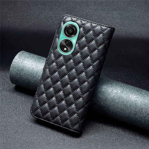 BINFEN COLOR BF Style-14 for Oppo A78 4G Leather Grid Pattern Imprinted Case Wallet Stand Flip Phone Cover