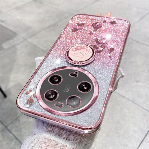 KADEM For Xiaomi 13 Ultra Flower Pattern Glitter Shockproof TPU Cover Ring Kickstand Phone Case
