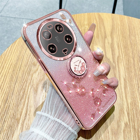 KADEM For Xiaomi 13 Ultra Flower Pattern Glitter Shockproof TPU Cover Ring Kickstand Phone Case