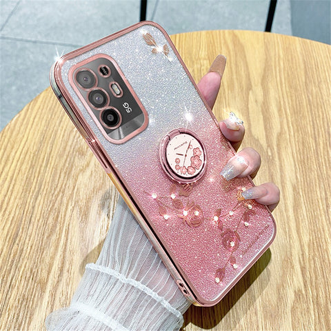 KADEM For Oppo A95 5G / A94 5G / F19 Pro+ 5G / Reno5 Z Rhinestone Flower TPU Phone Case Ring Kickstand Gradient Glitter Cover