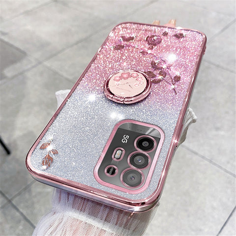 KADEM For Oppo A95 5G / A94 5G / F19 Pro+ 5G / Reno5 Z Rhinestone Flower TPU Phone Case Ring Kickstand Gradient Glitter Cover