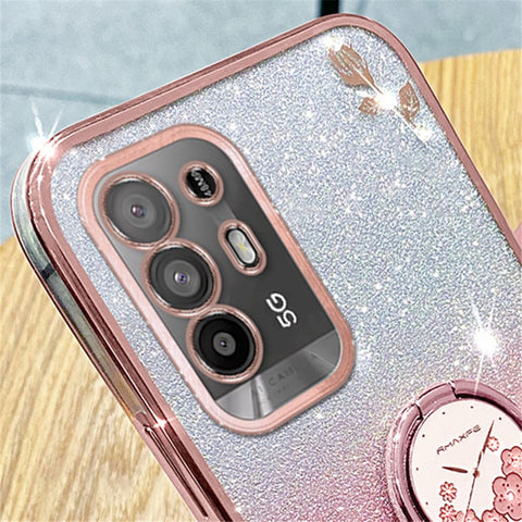 KADEM For Oppo A95 5G / A94 5G / F19 Pro+ 5G / Reno5 Z Rhinestone Flower TPU Phone Case Ring Kickstand Gradient Glitter Cover