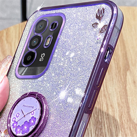 KADEM For Oppo A95 5G / A94 5G / F19 Pro+ 5G / Reno5 Z Rhinestone Flower TPU Phone Case Ring Kickstand Gradient Glitter Cover