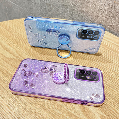 KADEM For Oppo A95 5G / A94 5G / F19 Pro+ 5G / Reno5 Z Rhinestone Flower TPU Phone Case Ring Kickstand Gradient Glitter Cover