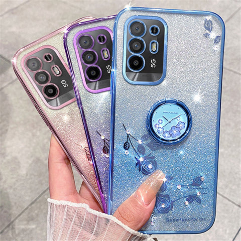 KADEM For Oppo A95 5G / A94 5G / F19 Pro+ 5G / Reno5 Z Rhinestone Flower TPU Phone Case Ring Kickstand Gradient Glitter Cover