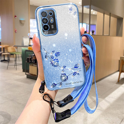 KADEM Back Shell for Oppo A95 5G / F19 Pro+ 5G / Reno5 Z / A94 5G , Glitter Rhinestone Decor Flower Design TPU Smartphone Anti-drop Case with Strap