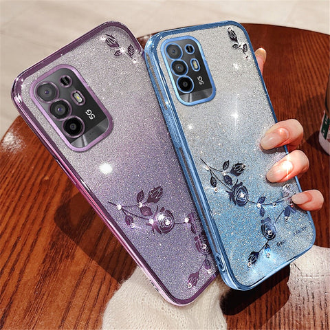KADEM Back Shell for Oppo A95 5G / F19 Pro+ 5G / Reno5 Z / A94 5G , Glitter Rhinestone Decor Flower Design TPU Smartphone Anti-drop Case with Strap