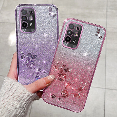 KADEM Back Shell for Oppo A95 5G / F19 Pro+ 5G / Reno5 Z / A94 5G , Glitter Rhinestone Decor Flower Design TPU Smartphone Anti-drop Case with Strap