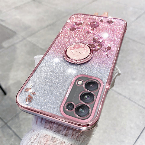KADEM For Oppo A54 5G / A74 5G / A93 5G Rhinestone Flower Glitter TPU Cover Anti-scratch Phone Case with Ring Kickstand