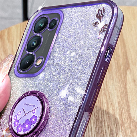 KADEM For Oppo A54 5G / A74 5G / A93 5G Rhinestone Flower Glitter TPU Cover Anti-scratch Phone Case with Ring Kickstand