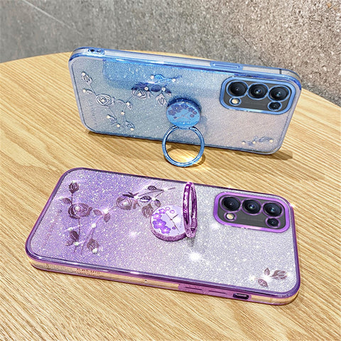 KADEM For Oppo A54 5G / A74 5G / A93 5G Rhinestone Flower Glitter TPU Cover Anti-scratch Phone Case with Ring Kickstand