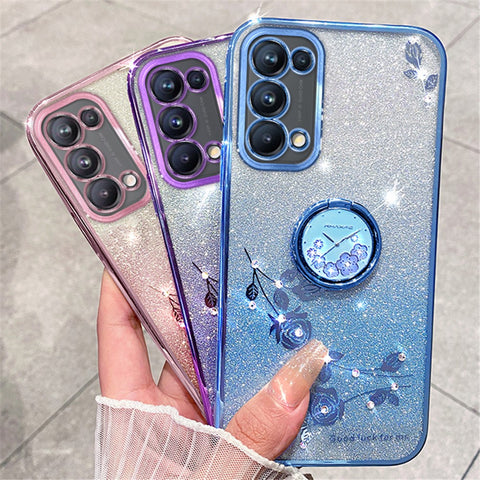 KADEM For Oppo A54 5G / A74 5G / A93 5G Rhinestone Flower Glitter TPU Cover Anti-scratch Phone Case with Ring Kickstand