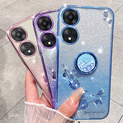 KADEM For Oppo A58 5G  /  A58x 5G  /  A78 5G  /  A1x 5G Flower Pattern Glitter Cover Ring Kickstand TPU Phone Case