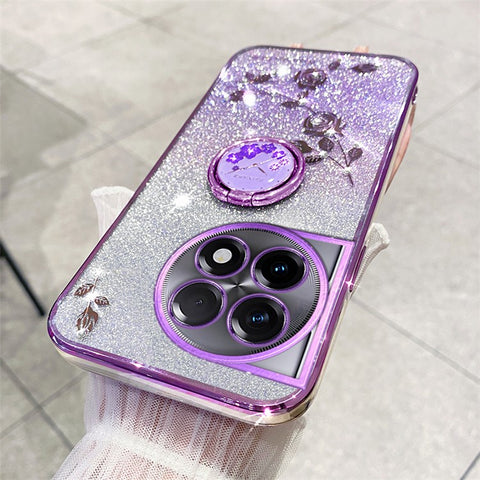 KADEM For OnePlus 11R 5G / Ace 2 5G Flower Pattern Drop-proof TPU Cover Ring Kickstand Glitter Phone Case