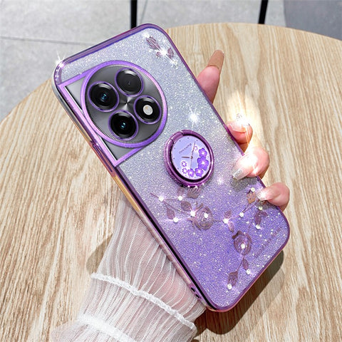 KADEM For OnePlus 11R 5G / Ace 2 5G Flower Pattern Drop-proof TPU Cover Ring Kickstand Glitter Phone Case