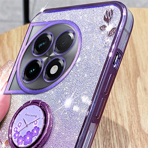 KADEM For OnePlus 11R 5G / Ace 2 5G Flower Pattern Drop-proof TPU Cover Ring Kickstand Glitter Phone Case