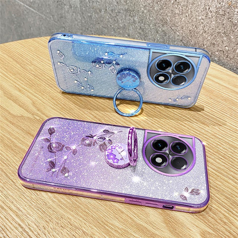 KADEM For OnePlus 11R 5G / Ace 2 5G Flower Pattern Drop-proof TPU Cover Ring Kickstand Glitter Phone Case