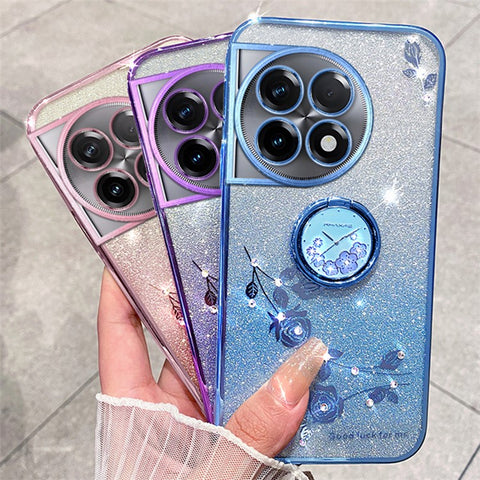 KADEM For OnePlus 11R 5G / Ace 2 5G Flower Pattern Drop-proof TPU Cover Ring Kickstand Glitter Phone Case