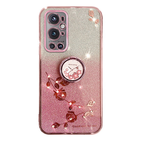 KADEM For OnePlus 9 Pro 5G Glitter TPU Cover Ring Kickstand Flower Pattern Anti-fall Phone Case