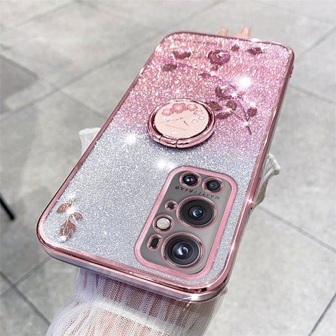 KADEM For OnePlus 9 Pro 5G Glitter TPU Cover Ring Kickstand Flower Pattern Anti-fall Phone Case