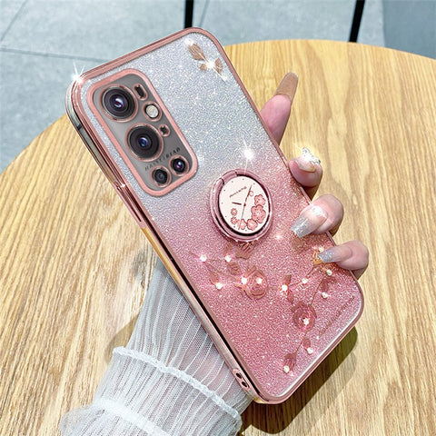 KADEM For OnePlus 9 Pro 5G Glitter TPU Cover Ring Kickstand Flower Pattern Anti-fall Phone Case
