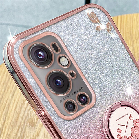 KADEM For OnePlus 9 Pro 5G Glitter TPU Cover Ring Kickstand Flower Pattern Anti-fall Phone Case
