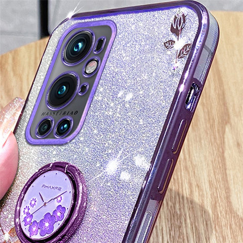 KADEM For OnePlus 9 Pro 5G Glitter TPU Cover Ring Kickstand Flower Pattern Anti-fall Phone Case
