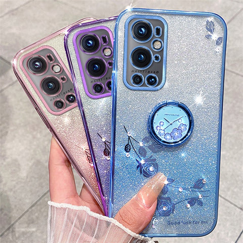 KADEM For OnePlus 9 Pro 5G Glitter TPU Cover Ring Kickstand Flower Pattern Anti-fall Phone Case