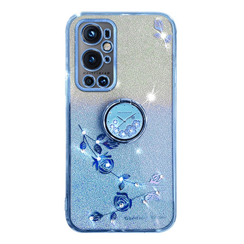 KADEM For OnePlus 9 Pro 5G Glitter TPU Cover Ring Kickstand Flower Pattern Anti-fall Phone Case