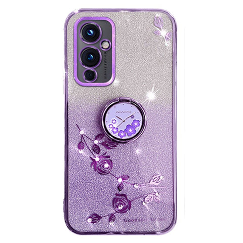 KADEM For OnePlus 9 (EU  /  US Version) Ring Kickstand Flower Pattern TPU Cover Glitter Anti-scratch Phone Case