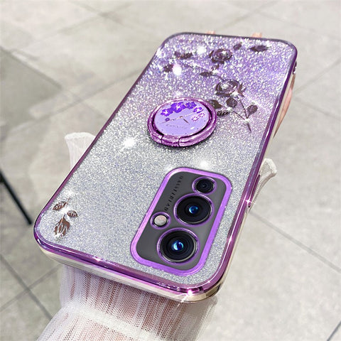 KADEM For OnePlus 9 (EU  /  US Version) Ring Kickstand Flower Pattern TPU Cover Glitter Anti-scratch Phone Case