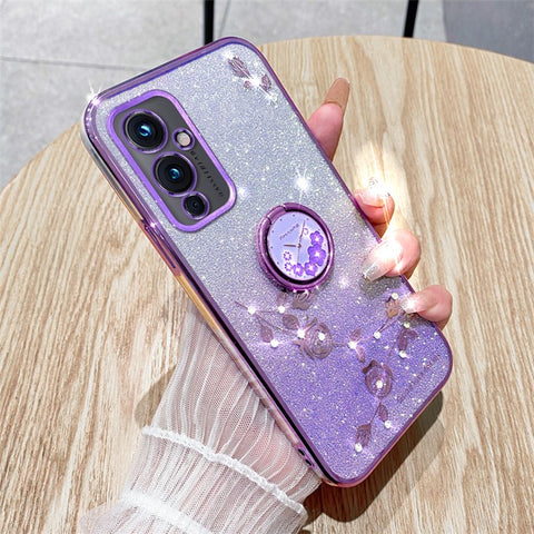 KADEM For OnePlus 9 (EU  /  US Version) Ring Kickstand Flower Pattern TPU Cover Glitter Anti-scratch Phone Case