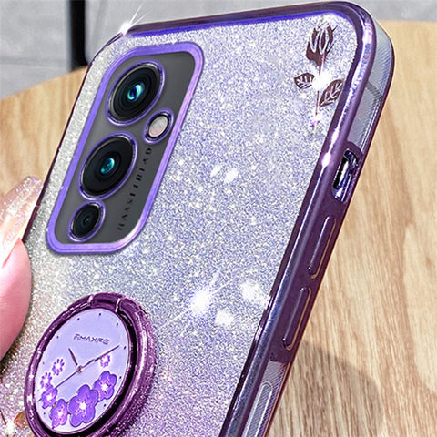 KADEM For OnePlus 9 (EU  /  US Version) Ring Kickstand Flower Pattern TPU Cover Glitter Anti-scratch Phone Case