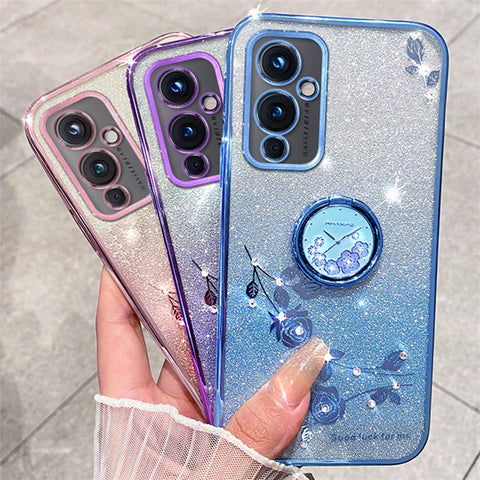 KADEM For OnePlus 9 (EU  /  US Version) Ring Kickstand Flower Pattern TPU Cover Glitter Anti-scratch Phone Case