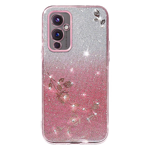 KADEM For OnePlus 9 (EU  /  US Version) Gradient TPU Anti-scratch Cover Rhinestone Flower Glitter Phone Case