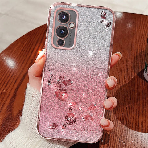 KADEM For OnePlus 9 (EU  /  US Version) Gradient TPU Anti-scratch Cover Rhinestone Flower Glitter Phone Case