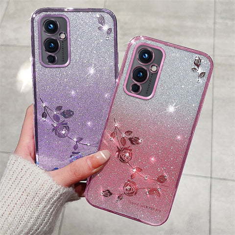 KADEM For OnePlus 9 (EU  /  US Version) Gradient TPU Anti-scratch Cover Rhinestone Flower Glitter Phone Case