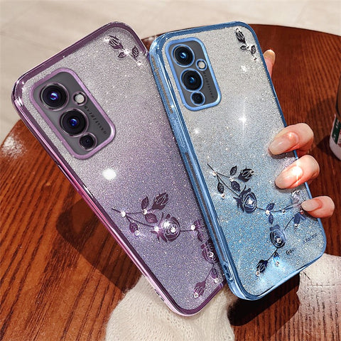 KADEM For OnePlus 9 (EU  /  US Version) Gradient TPU Anti-scratch Cover Rhinestone Flower Glitter Phone Case