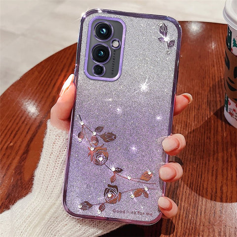 KADEM For OnePlus 9 (EU  /  US Version) Gradient TPU Anti-scratch Cover Rhinestone Flower Glitter Phone Case