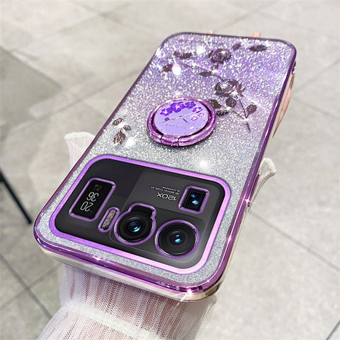 KADEM Ring Kickstand Phone Case for Xiaomi Mi 11 Ultra , Flower Pattern Glitter TPU Back Cover
